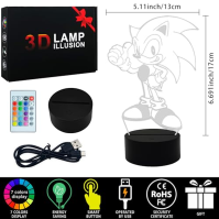 Noční světlo Sonic The Hedgehog pro děti, 3D iluze lampy s 16 barvami a dálkovým ovládáním Sonic Lights, Sonic Toys Decor Room, 