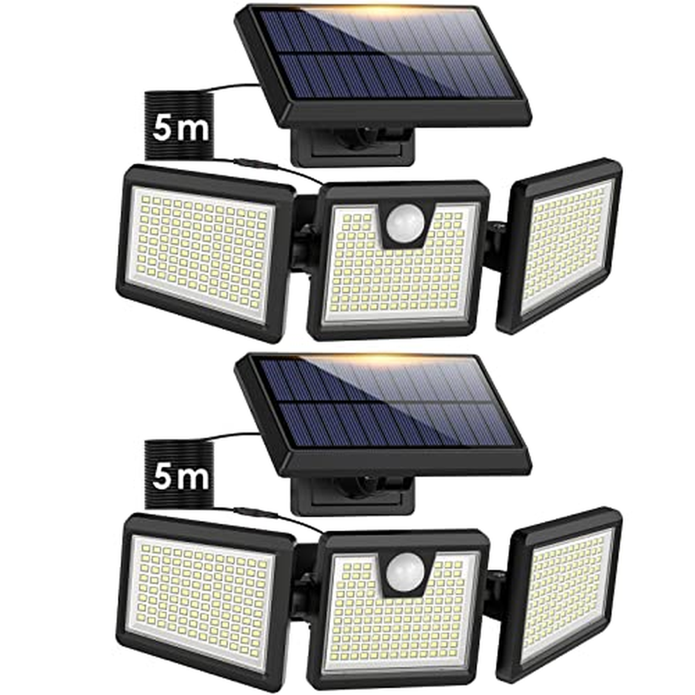 [2 kusy] Solární lampy pro venkovní použití s detektorem pohybu, 341LED 3500LM [3 otočné hlavy] solární světlo, 270° úhel osvětl