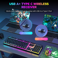 T3 Wireless Keyboard Mouse Combo, oranžově podsvícená 2,4G dobíjecí mechanická herní klávesnice + 2400DPI 6 tlačítek optické her