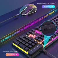 T3 Wireless Keyboard Mouse Combo, oranžově podsvícená 2,4G dobíjecí mechanická herní klávesnice + 2400DPI 6 tlačítek optické her