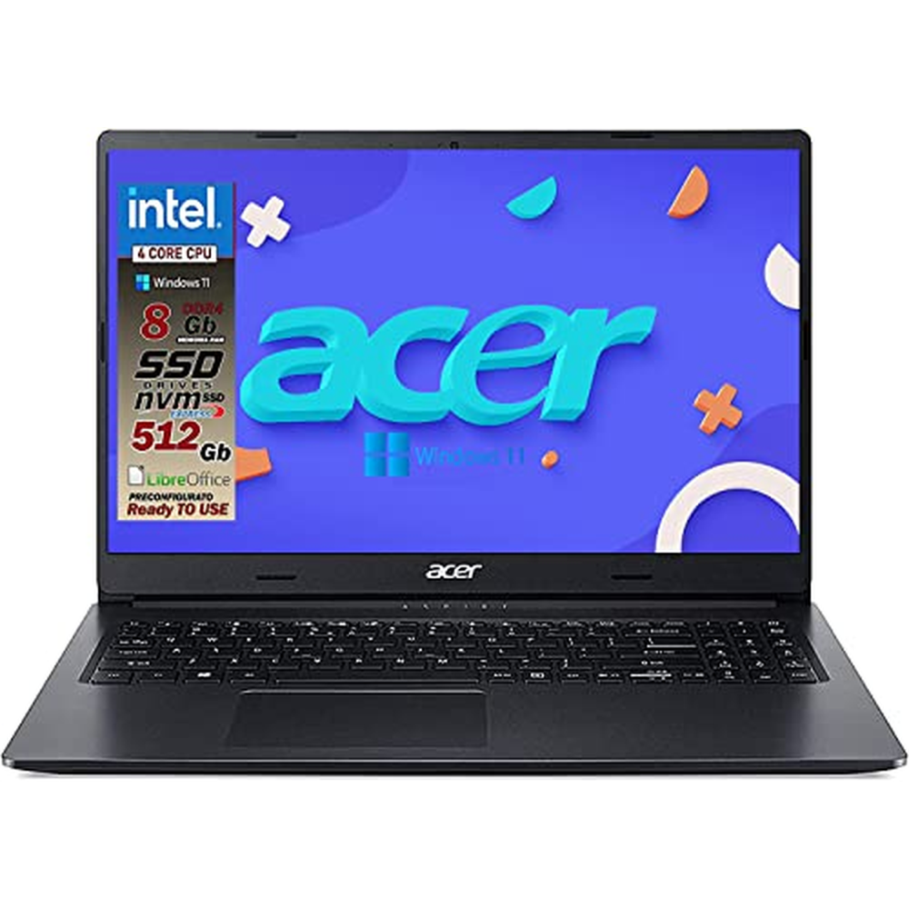 Notebook Acer Intel N4120, 4 jádra, Ram 8Gb, SSD nvme 512GB 15.6" FullHD, 3 USB, wi-fi, hdmi, BT, lan, Win 11 Pro, Libre Office,