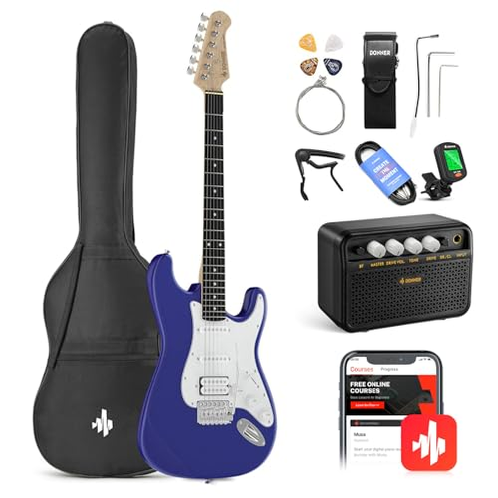 Donner 39palcová sada pro začátečníky s elektrickou kytarou plné velikosti Purple Sapphire Blue HSS Pick Up Starter Package with