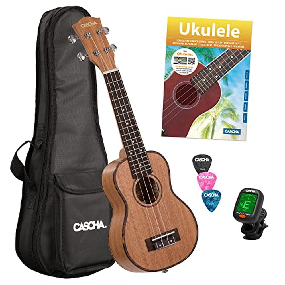 Cascha Sopránové ukulele Set Děti Dospělí I Ukulele Starter Kit 3 trsátka Taška Německý návod Ladička I Sopránové ukulele Mahago