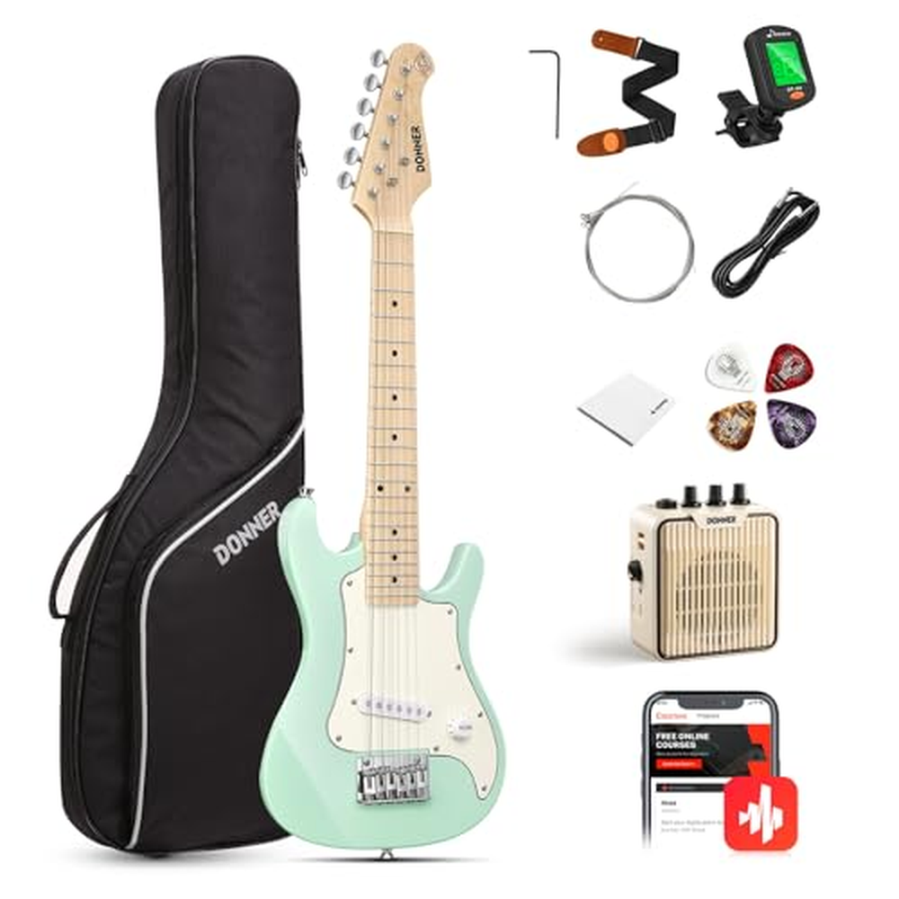 Donner 30palcová dětská juniorská elektrická kytara pro začátečníky ST Style Mini Guitar Premium Bundle se zesilovačem, ladičkou