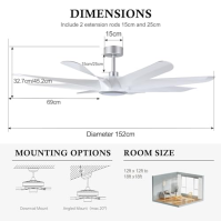 OFANTOP Stropní ventilátor s LED osvětlením, 152cm moderní velký bílý stropní ventilátor s dálkovým ovládáním, reverzibilní 6 ry