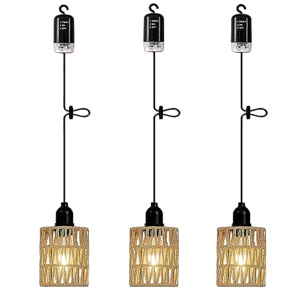 3 x Boho ratanová lampa, Vintage závěsná lampa s baterií, baterie, žárovka, stropní lampa, bez elektřiny, připojení k napájení, 