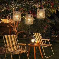 3 x Boho ratanová lampa, Vintage závěsná lampa s baterií, baterie, žárovka, stropní lampa, bez elektřiny, připojení k napájení, 