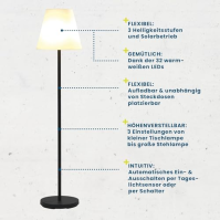 Solární stojací lampa Hoberg | Bezdrátová a stmívatelná | Energeticky úsporné, teplé bílé LED diody | Dobíjení baterie pomocí so