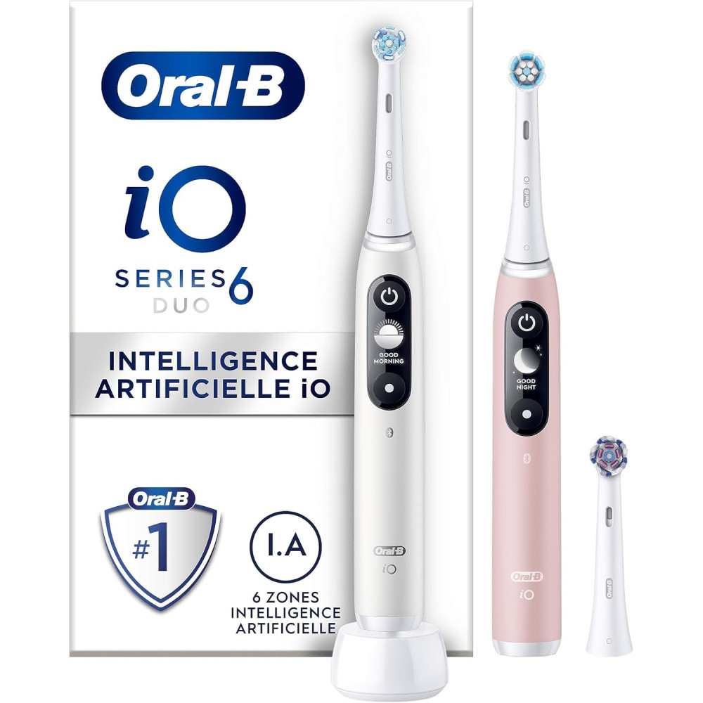 Elektrické zubní kartáčky Oral-B iO 6, Bluetooth, bílý a růžový, 2 rukojeti s černobílým displejem, 3 kartáčky