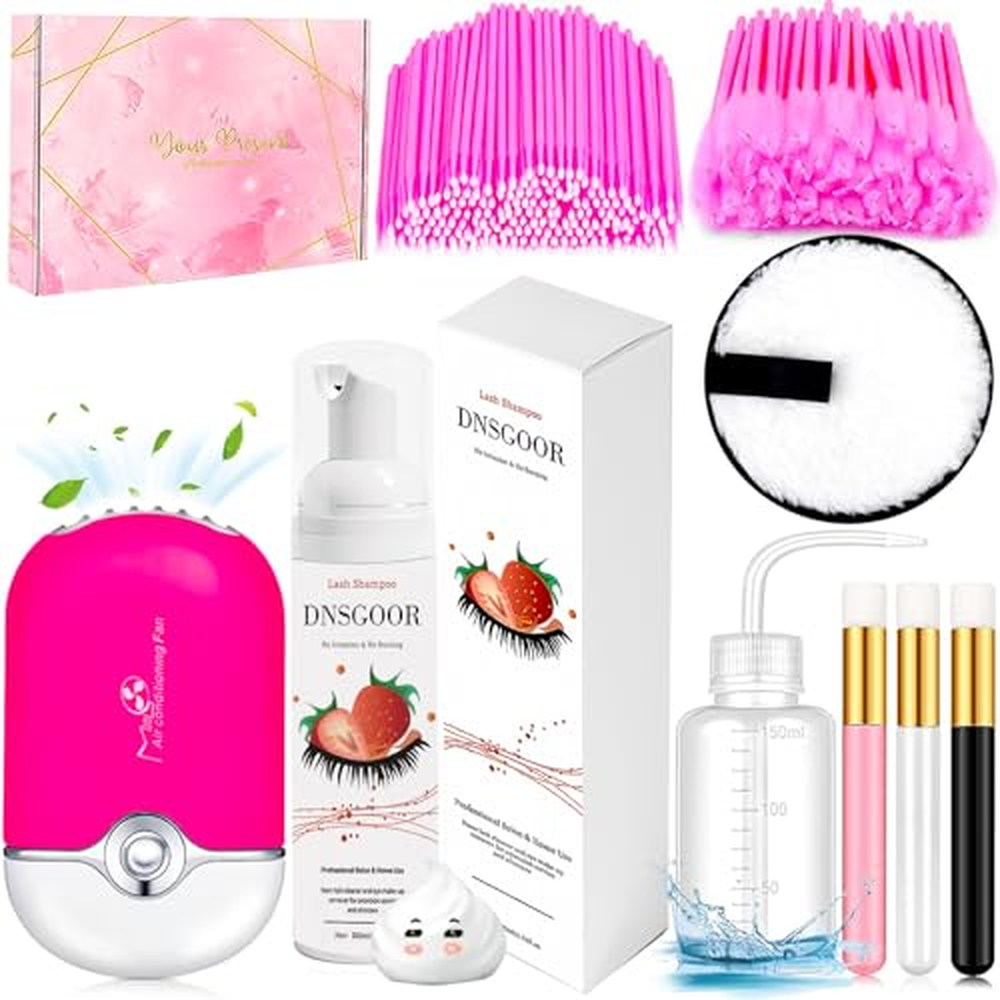 200ml/6.7fl.oz Lash Extension Cleanser Eyelash Shampoo Kit Mini USB Portable Lash Fan Eyelid Cleaning Brush Mascara Brush Microb