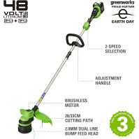 Greenworks Tools Bateriový okrajovač 48 V, 2 x 24 V, řezání 33 cm, se dvěma bateriemi 2 Ah a nabíječkou, černý zelený