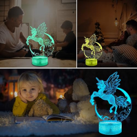 Ammonite Unicorn noční světlo pro děti, Unicorn 3D Illusion Lamp 16 barev změna s dálkovým ovládáním a časovačem Unicorn Bedside