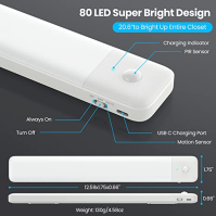 QTshine LED šatní světlo, [80LED-Super Bright] Noční světla se senzorem pohybu, USB C dobíjecí šatní lampa, 32CM palcové magneti