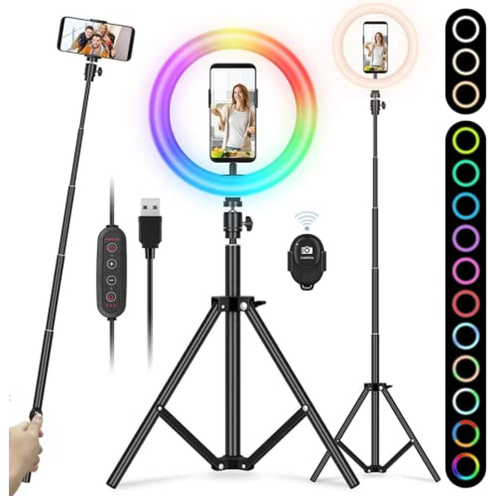 Yissvic LED Ring Light Ring Light RGB 10 palců se stativem nastavitelných 26 barev 10 úrovní jasu Bluetooth dálkové ovládání pro