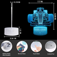 MARZIUS Závodní sportovní auto 3D iluze Stolní lampa ve tvaru roadsteru Noční světlo s přáníčkem, svítící základna, 16 barev, dá