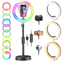 Kroužkové světlo se stativovým stojanem a držákem telefonu, PEYOU 10" stolní selfie kroužkové světlo s 26 režimy RGB pro videoko