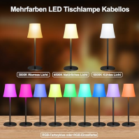 Suright Stolní lampa bezdrátová, LED dobíjecí bateriová stolní lampa plynule stmívatelná 3 barevné režimy + RGB, dotykové ovládá