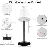 Suright Stolní lampa bezdrátová, LED dobíjecí bateriová stolní lampa plynule stmívatelná 3 barevné režimy + RGB, dotykové ovládá