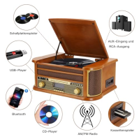 Třírychlostní vinylový gramofon Musitrend s Bluetooth, přehráváním přes USB, rádiem Am/FM, CD/Kasetami, vestavěnými stereo repro