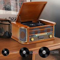 Třírychlostní vinylový gramofon Musitrend s Bluetooth, přehráváním přes USB, rádiem Am/FM, CD/Kasetami, vestavěnými stereo repro