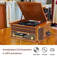 Třírychlostní vinylový gramofon Musitrend s Bluetooth, přehráváním přes USB, rádiem Am/FM, CD/Kasetami, vestavěnými stereo repro