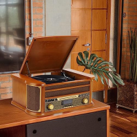 Třírychlostní vinylový gramofon Musitrend s Bluetooth, přehráváním přes USB, rádiem Am/FM, CD/Kasetami, vestavěnými stereo repro