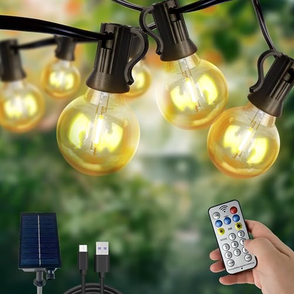 ZEEQII LED pohádková světla venkovní solární, 18M stmívatelná solární pohádková světla venkovní s 30 + 2 žárovkami G40, USB / so