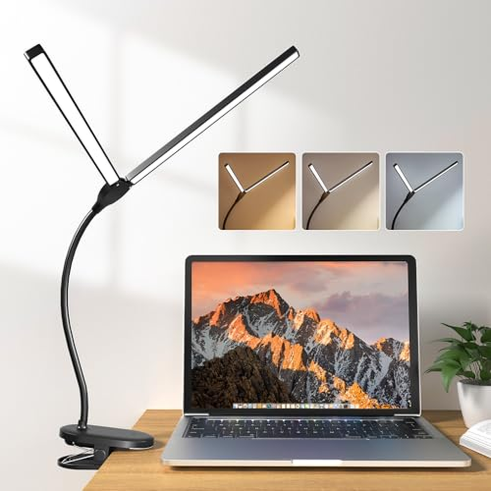 Jedna stolní lampa LED Fire Clampable, 900LM stmívatelná se 2 hlavicemi, 48 lamp Clamp Lamp Bed Reading Lamp, 3 barevné režimy a