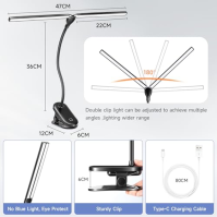 Jedna stolní lampa LED Fire Clampable, 900LM stmívatelná se 2 hlavicemi, 48 lamp Clamp Lamp Bed Reading Lamp, 3 barevné režimy a