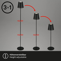 BRILONER - LED dobíjecí stojací lampa 3 v 1, stupňovitě stmívatelná, dotyková, LED stojací lampa venkovní, LED stojací lampa bez