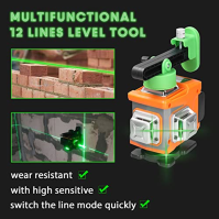 Křížový laser zelená sada 12 řádková laserová vodováha IP45 vodováha 360° křížový laser samonivelační +1,5M stativ +1200mAh bate