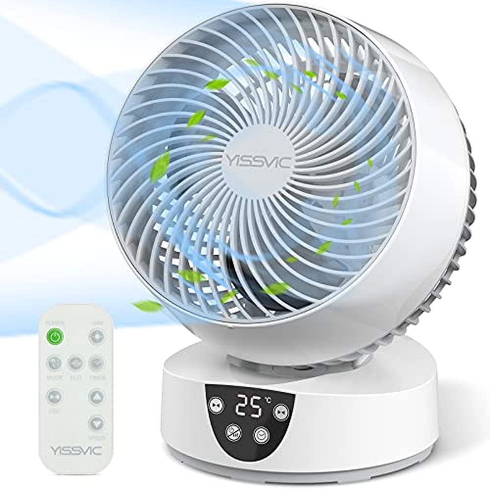 YISSVIC Turbo stolní ventilátor, tichý ventilátor s cyklickou oscilací 90°/80°, dálkové ovládání, LED displej s teplotou, 3 rych