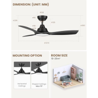 CJOY Stropní ventilátor s osvětlením, Stropní ventilátor s dálkovým ovládáním Tichý černý 107 cm, DC motory Stmívatelný, 6 rychl