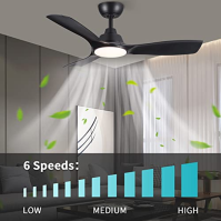 CJOY Stropní ventilátor s osvětlením, Stropní ventilátor s dálkovým ovládáním Tichý černý 107 cm, DC motory Stmívatelný, 6 rychl