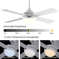 Ovlaim 48palcový moderní stropní ventilátor se 4 bílými lopatkami a 3 barevnými LED svítidly a dálkovým ovládáním Super tichý pr