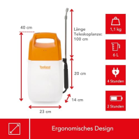 Tlakový postřikovač Toolland, elektrický, bateriový, teleskopické kopí, nastavitelná tryska, ramenní popruh, 6 litrů, bílý/oranž