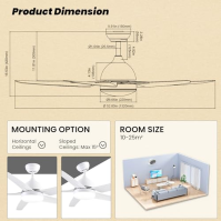 CJOY Stropní ventilátor s osvětlením bílý, Ø132 cm stropní ventilátor Tichý, stropní ventilátor s dálkovým ovládáním, stmívateln