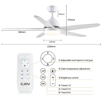 CJOY Stropní ventilátor s osvětlením bílý, Ø132 cm stropní ventilátor Tichý, stropní ventilátor s dálkovým ovládáním, stmívateln