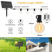 GLUROO LED pohádkové světlo venkovní solární, 15M pohádkové světlo žárovka se 4 režimy osvětlení, 25+2 žárovky, pohádkové světlo
