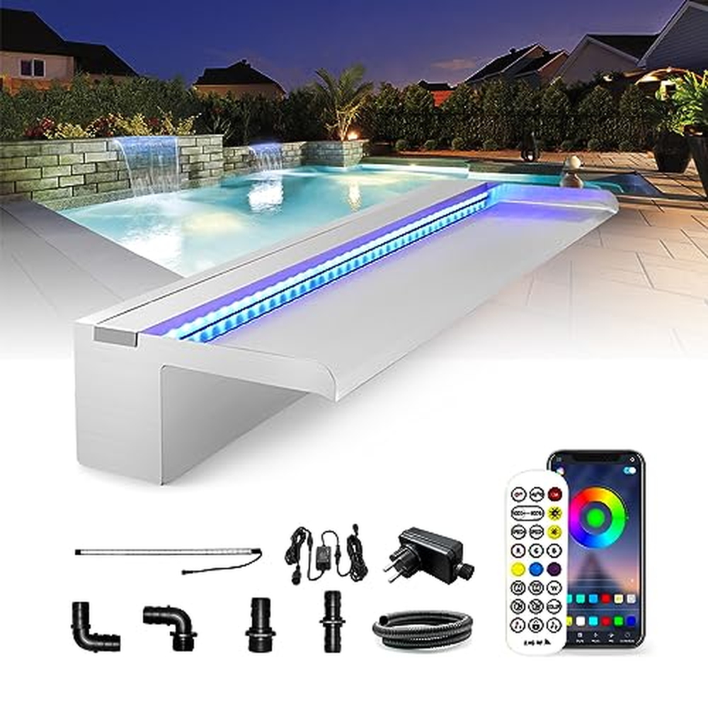 LONGRUN Bluetooth App control Stainless Steel Pool Fountain, 60cm Pond Waterfall Cascade, Waterfall Blade with 7 Colors LED Ligh