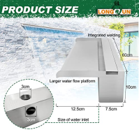 LONGRUN Bluetooth App control Stainless Steel Pool Fountain, 60cm Pond Waterfall Cascade, Waterfall Blade with 7 Colors LED Ligh