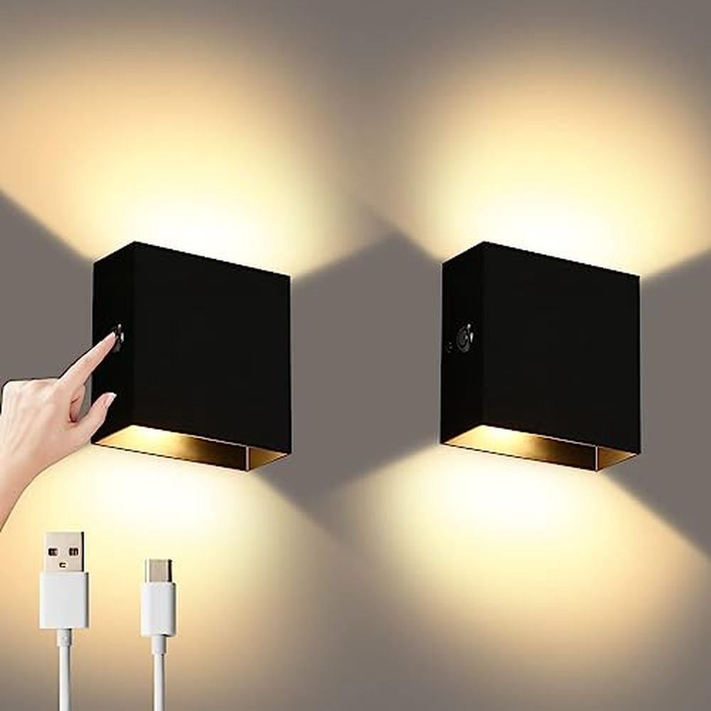 Lightess 2Pcs nástěnná svítidla stmívatelná, dobíjecí nástěnné světlo Touch Up Down Wall Light USB Uplighter Downlighter Wall La