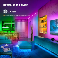 LED pásek 30m, Bluetooth RGB LED pásek měnící barvu LED světelný řetěz 30M s ovládáním aplikací a dálkovým ovládáním, synchroniz