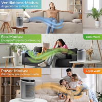 Ohřívač s ventilátorem KLAMER 2000 W, PTC keramický ohřívač s ventilátorem, energeticky úsporný, 3 úrovně ohřevu včetně režimu e