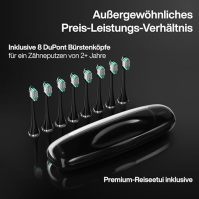 Aquasonic Black Series Ultra Whitening Electric Toothbrush - ADA Accepted - 8 kartáčkových hlavic a cestovní pouzdro - bezdrátov