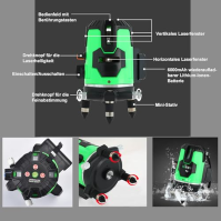 Víceřádková laserová vodováha -Diozzhi 3D samonivelační zelená laserová vodováha, 4 svislé a 1 vodorovná čára s olovnicí směrem 