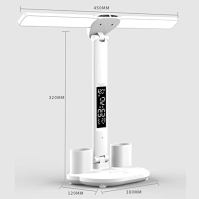 YNDD 7W LED stolní lampa pro děti, stmívatelná dobíjecí stolní lampa bezdrátová s hodinami/držákem na pero/LCD displejem/kalendá