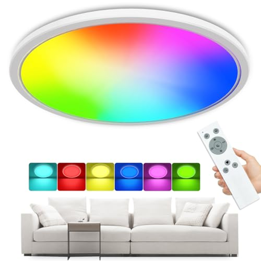 zemty LED stropní světlo stmívatelné, 24W 3200LM RGB stropní lampa se změnou barvy s dálkovým ovládáním, 4000K plochá koupelnová