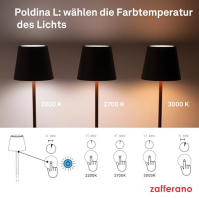 Zafferano, Poldina Lamp L, bezdrátová, dobíjecí stojací lampa s dotykovým ovládáním, vhodná do obývacího pokoje i ven, stmívač, 