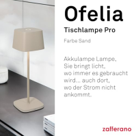 Zafferano, Ofelia lampa, stolní lampa, dobíjecí a bezdrátová s dotykovým ovládáním, také jako venkovní lampa, stmívač 2200-3000 